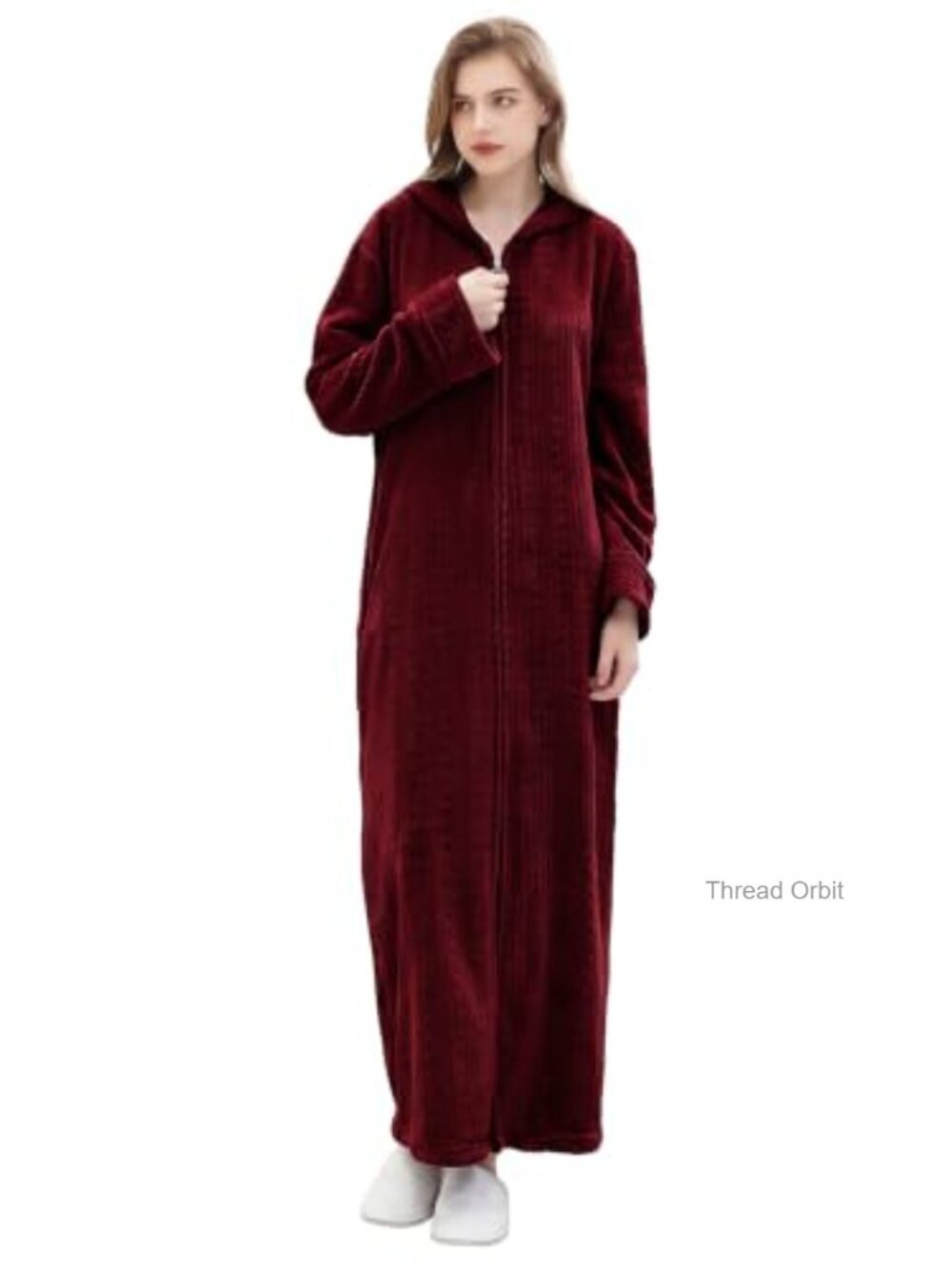 Women Long Hooded Fleece Zip Up Bathrobe Ankle Length Robe